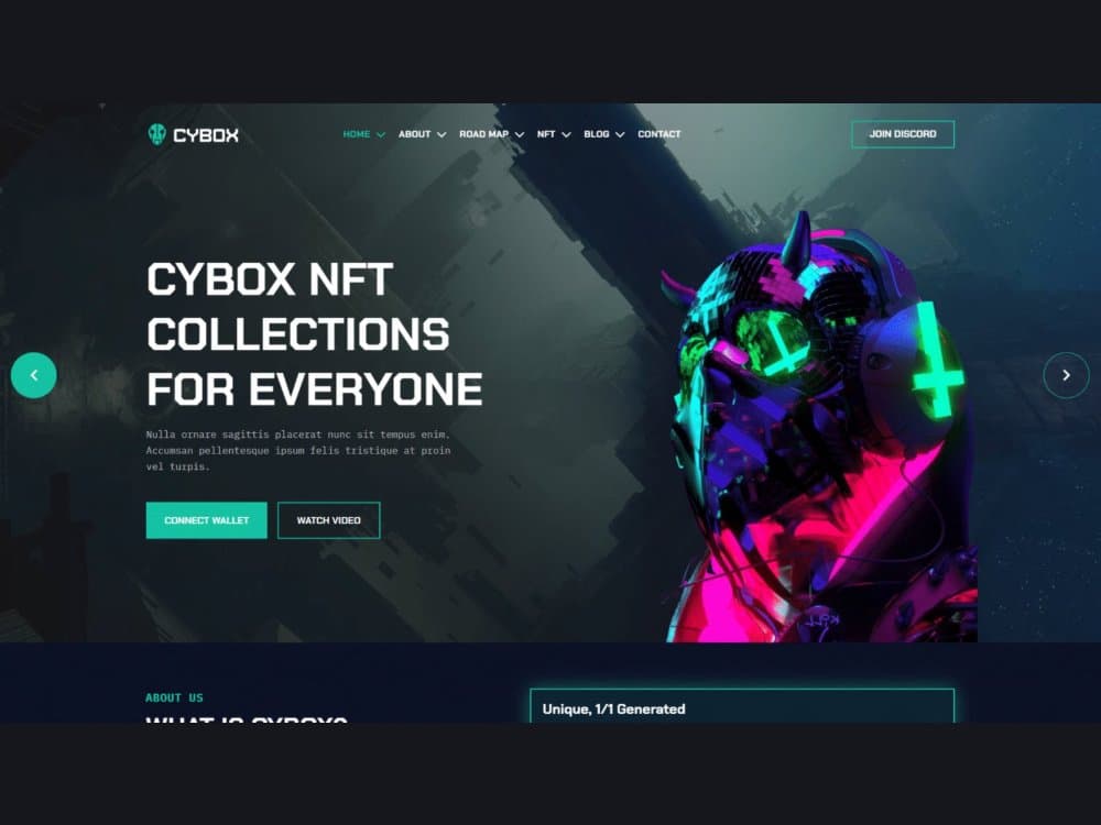 The Cybox homepage hero, a neon cyber-mask artwork behind the CYBOX NFT COLLECTIONS FOR EVERYONE headline, with Connect Wallet and Watch Video actions.