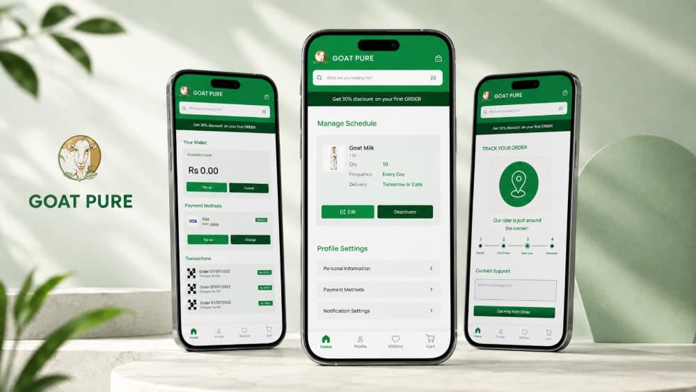 Three Goat Pure app screens on a pale green set beside the brand logo, the wallet with payment methods and transactions, Manage Schedule showing a daily 1-litre goat milk delivery, and order tracking with the rider nearby.