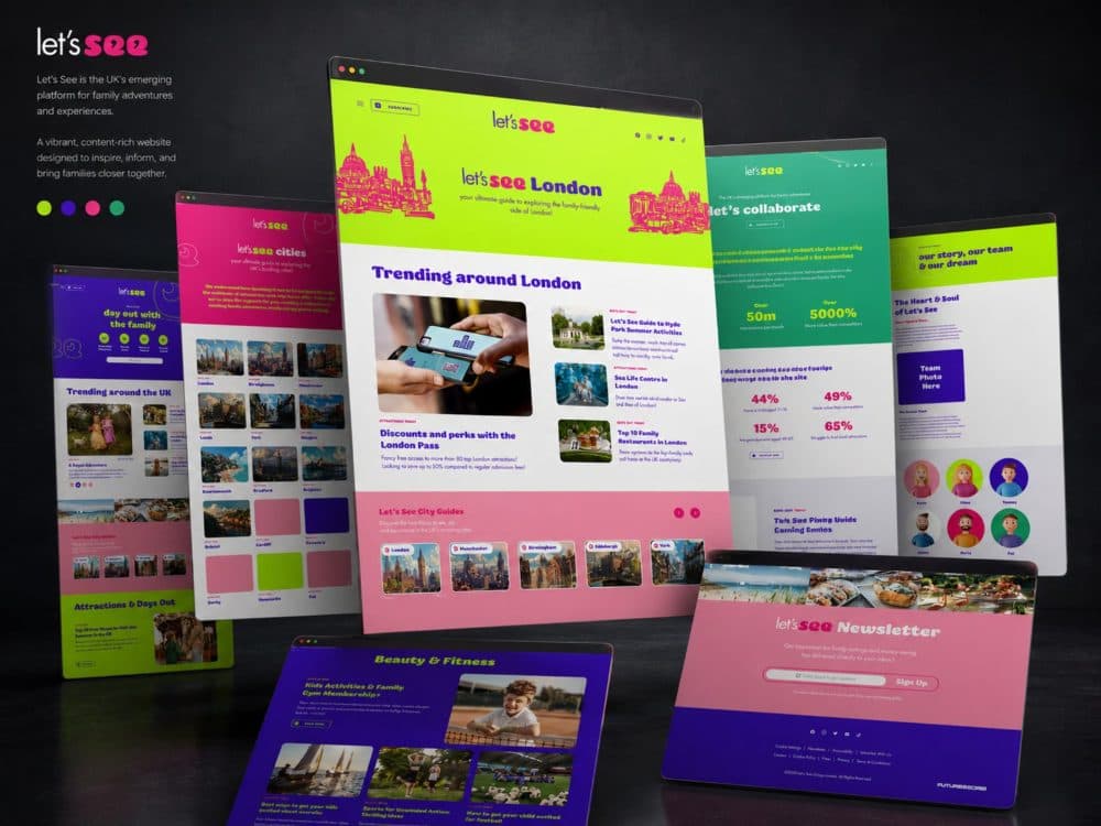 Let’s See website screens on a dark backdrop, the London city guide, cities index, family day-out page, collaborate page, team page and newsletter signup, in the brand’s lime, pink, purple and green palette.