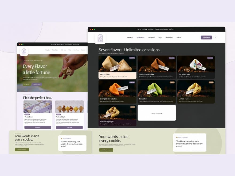 The Por Suerte website shown as two overlapping browser windows, the “Every Flavor a little fortune” homepage with Pick the perfect box, and the dark “Seven flavors. Unlimited occasions.” lineup grid, above the custom fortune panels.