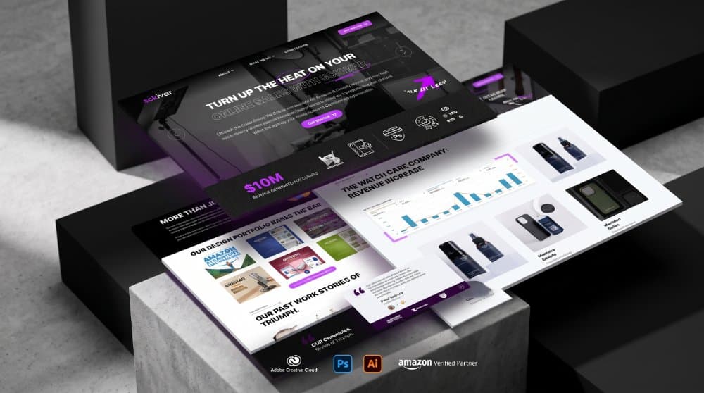 The Sckivar website presented as floating 3D panels on concrete plinths, the “Turn up the heat on your online sales” hero, a $10M revenue-generated band, the Watch Care Company results chart, and the design portfolio grid.