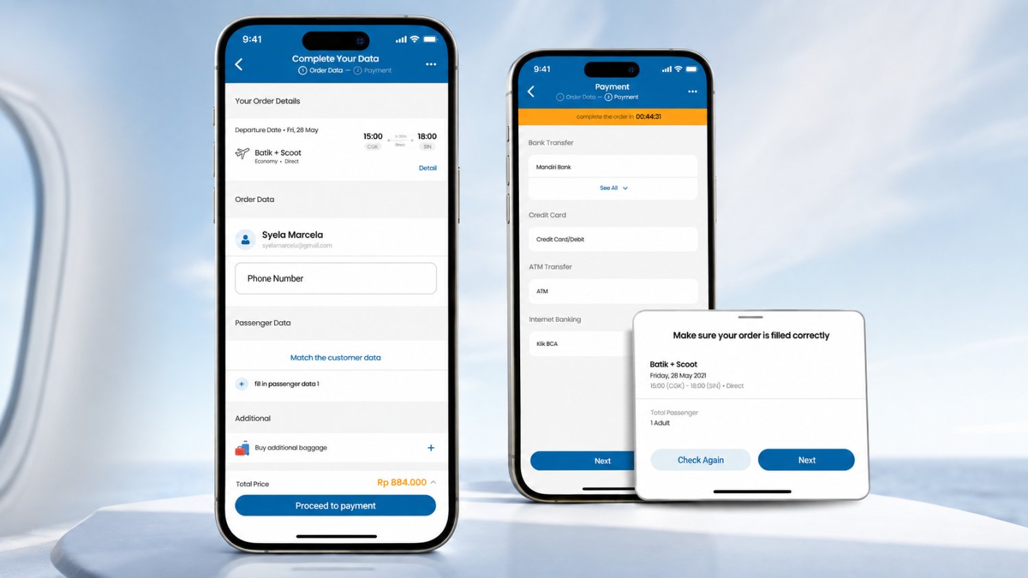 The Complete Your Data screen with order details, passenger data and additional baggage, the payment-method list showing bank transfer, card, ATM and internet banking, and a confirmation sheet asking the traveler to check the order.