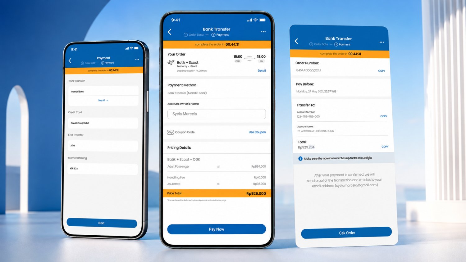 The Apic Travel payment-method list, the bank transfer order summary with pricing details and Pay Now, and the transfer instruction screen with order number, account details and countdown.