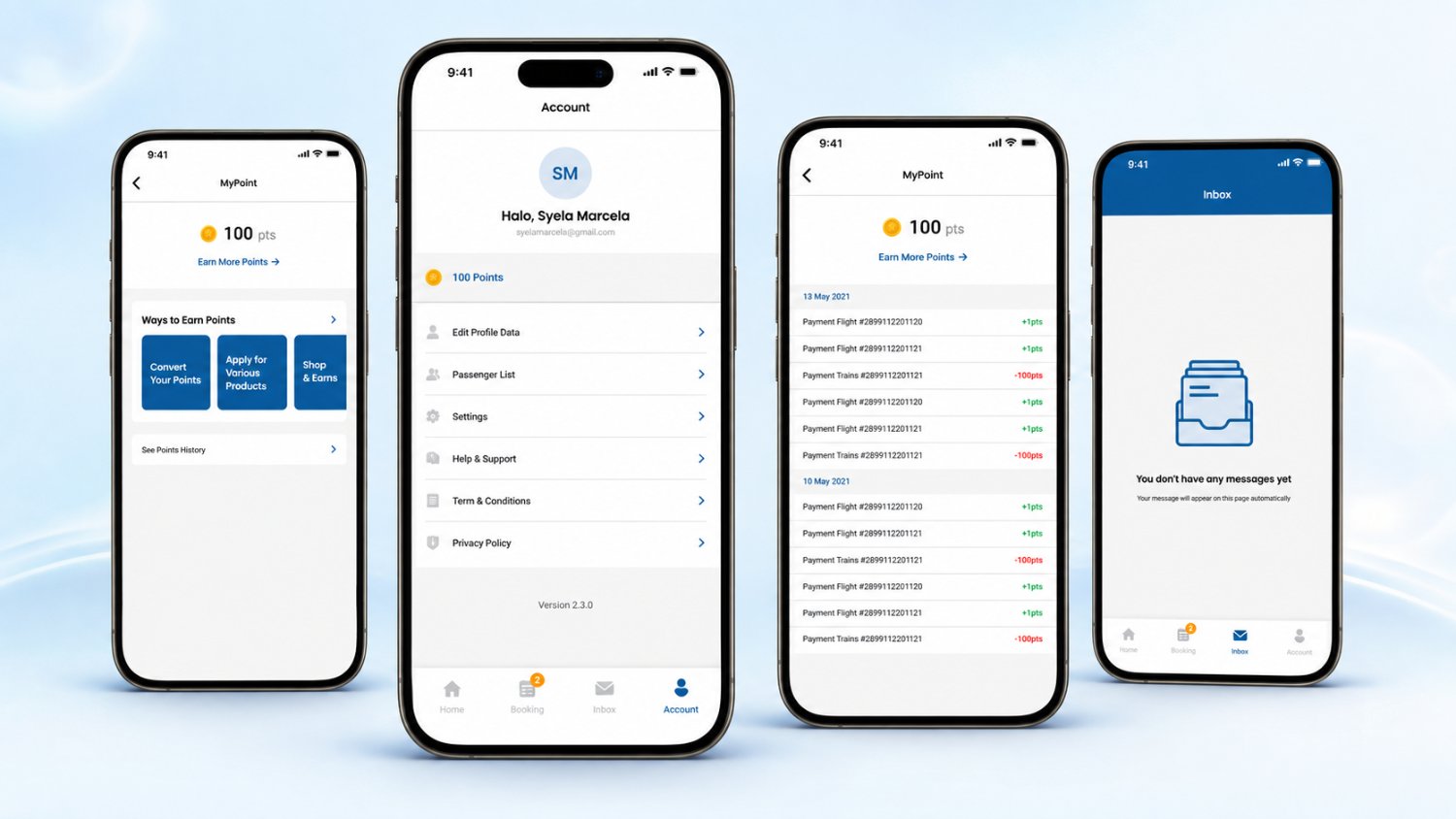 The MyPoint balance with ways to earn points, the Account screen, the dated points history showing credits and redemptions, and the empty Inbox state.