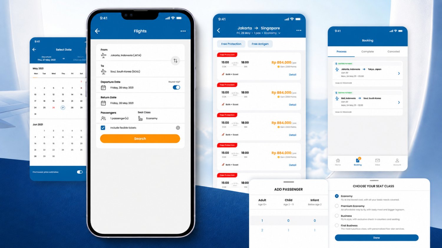 The Apic Travel date picker, flight search form, Jakarta to Singapore results with fares and points, the Booking tab, and the add-passenger and seat-class sheets.