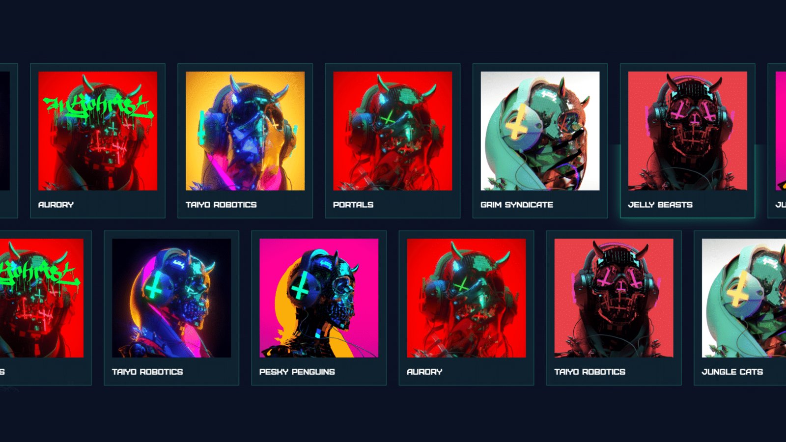 The Cybox collection gallery, two rows of NFT artwork cards labelled Aurory, Taiyo Robotics, Portals, Grim Syndicate, Jelly Beasts, Pesky Penguins and Jungle Cats.