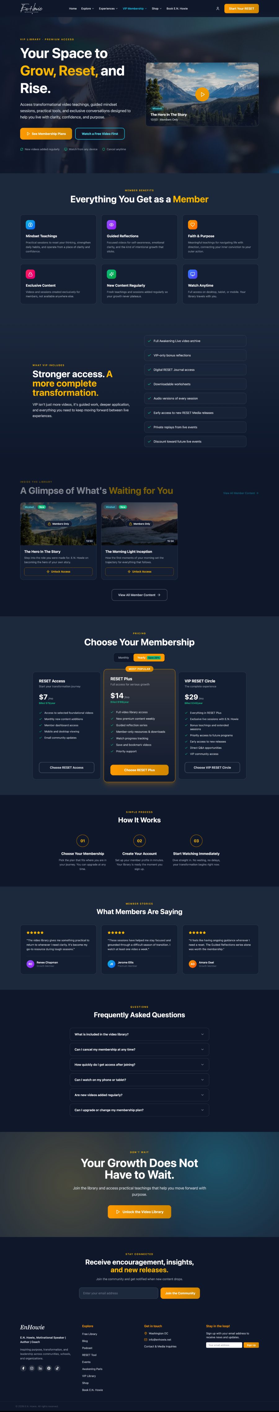The VIP Library — the “Your Space to Grow, Reset, and Rise” hero, the member benefits grid, a preview of member-only videos, the three membership tiers, member testimonials, and FAQs.