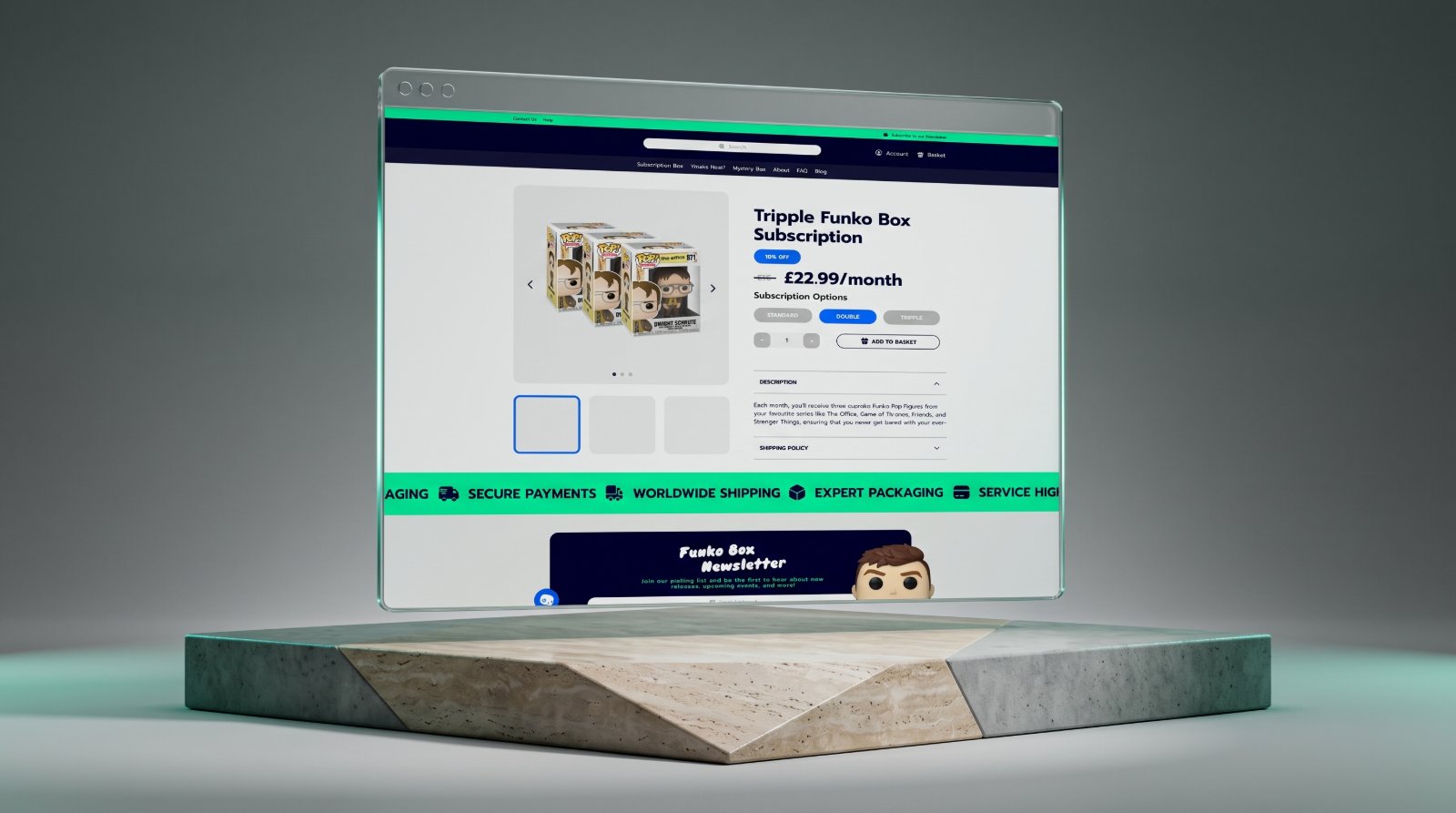 A glass browser panel on a stone plinth showing the Tripple Funko Box Subscription page with Standard, Double and Tripple options, price, and Add to Basket.