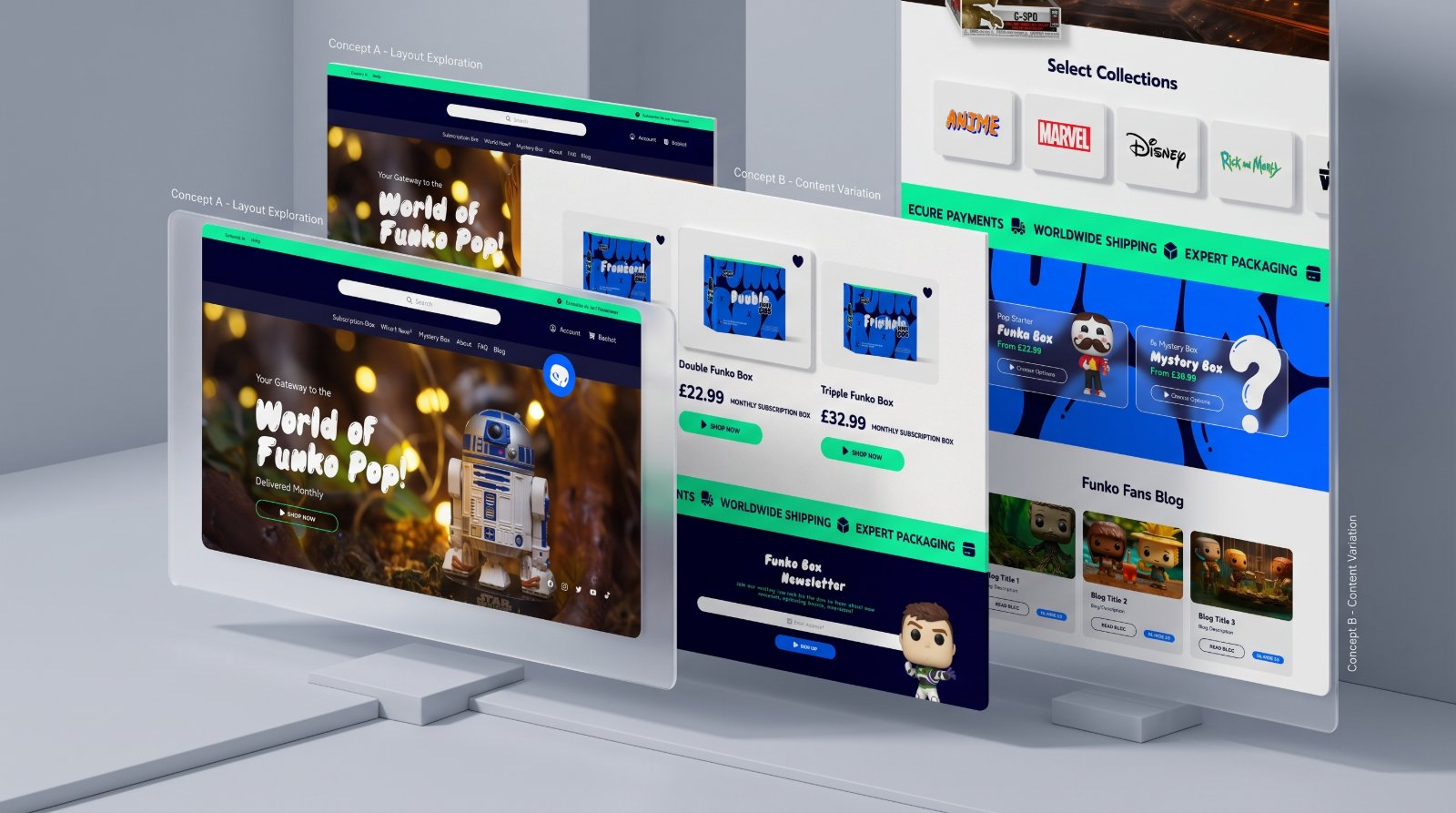 Angled screens showing layout and content explorations of the Funko Box storefront, the World of Funko Pop hero, subscription tier cards, Select Collections, and the Funko Fans Blog.
