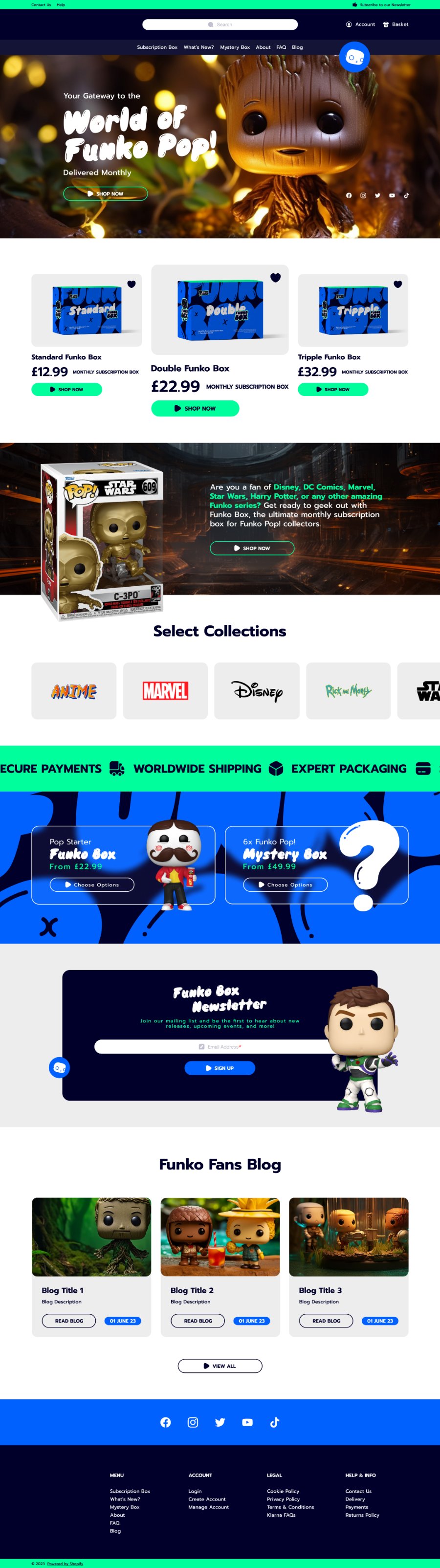 The Funko Box homepage from the World of Funko Pop hero through the Standard, Double and Tripple tiers, Select Collections franchise row, Pop Starter and Mystery Box panels, newsletter block and Funko Fans blog.