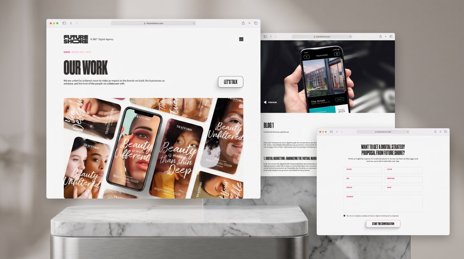 The Our Work page on a marble plinth alongside a blog article and the Want To Get A Digital Strategy Proposal contact form.