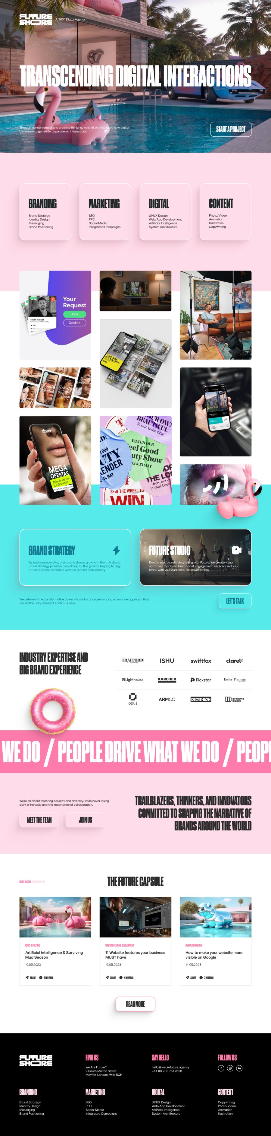The Future Shore homepage from the pool-scene hero through Branding, Marketing, Digital and Content cards, a work mosaic, brand strategy and studio panels, the client logo wall, the We Do band and the Future Capsule blog row.