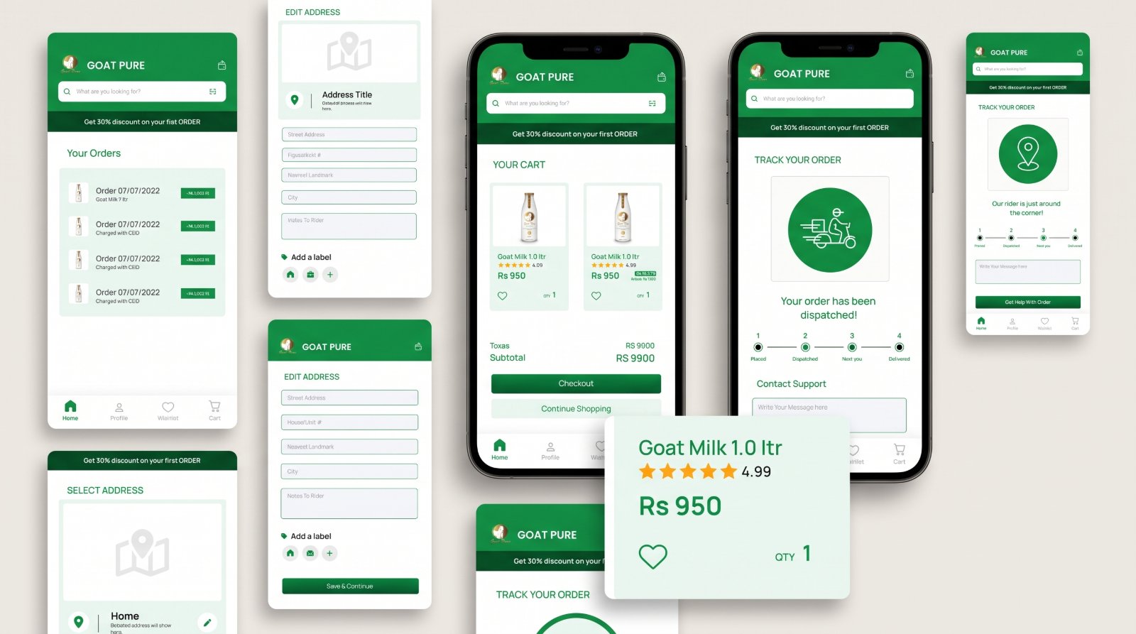 A Goat Pure layout of order history, address editing and selection, the cart with Checkout and Continue Shopping, order tracking, and an enlarged Goat Milk 1.0 ltr product card.