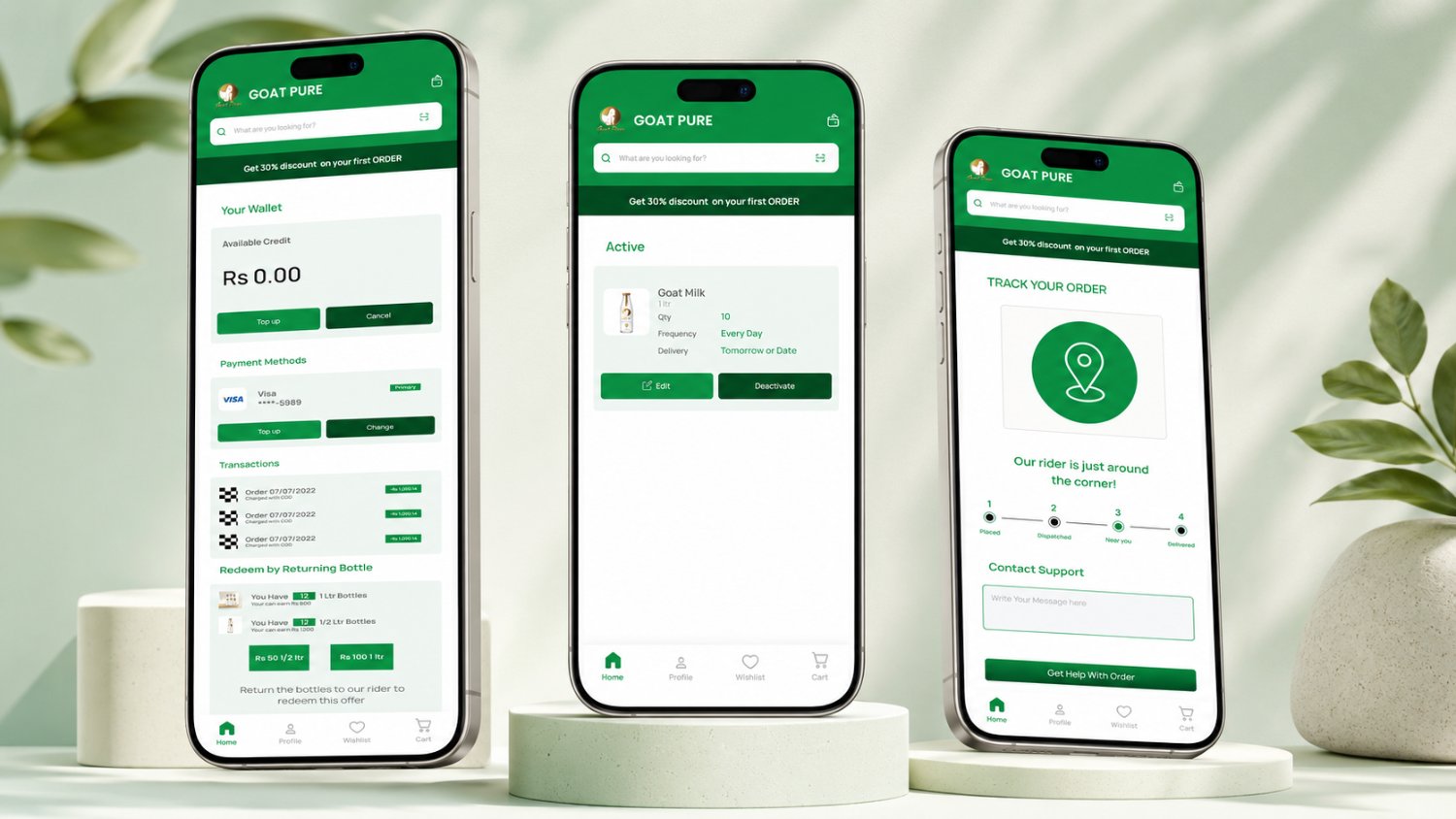 Three Goat Pure phones showing the wallet with payment methods and bottle returns, an Active subscription card for Goat Milk 1 ltr at ten units every day, and the order-tracking screen.
