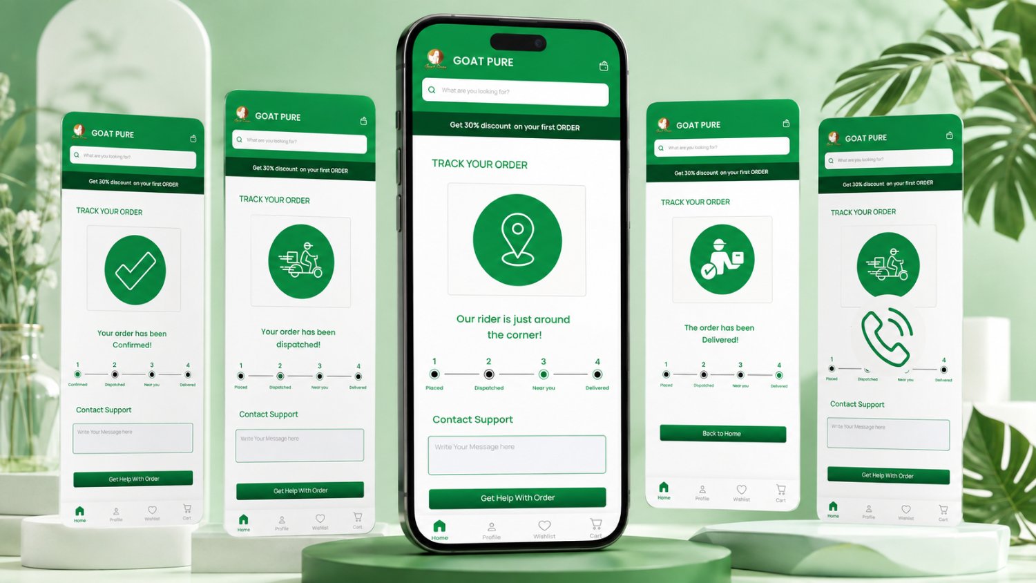 Five Goat Pure tracking screens in sequence, order confirmed, dispatched, rider nearby, delivered, and the contact-support state, each with the same four-stage progress indicator.