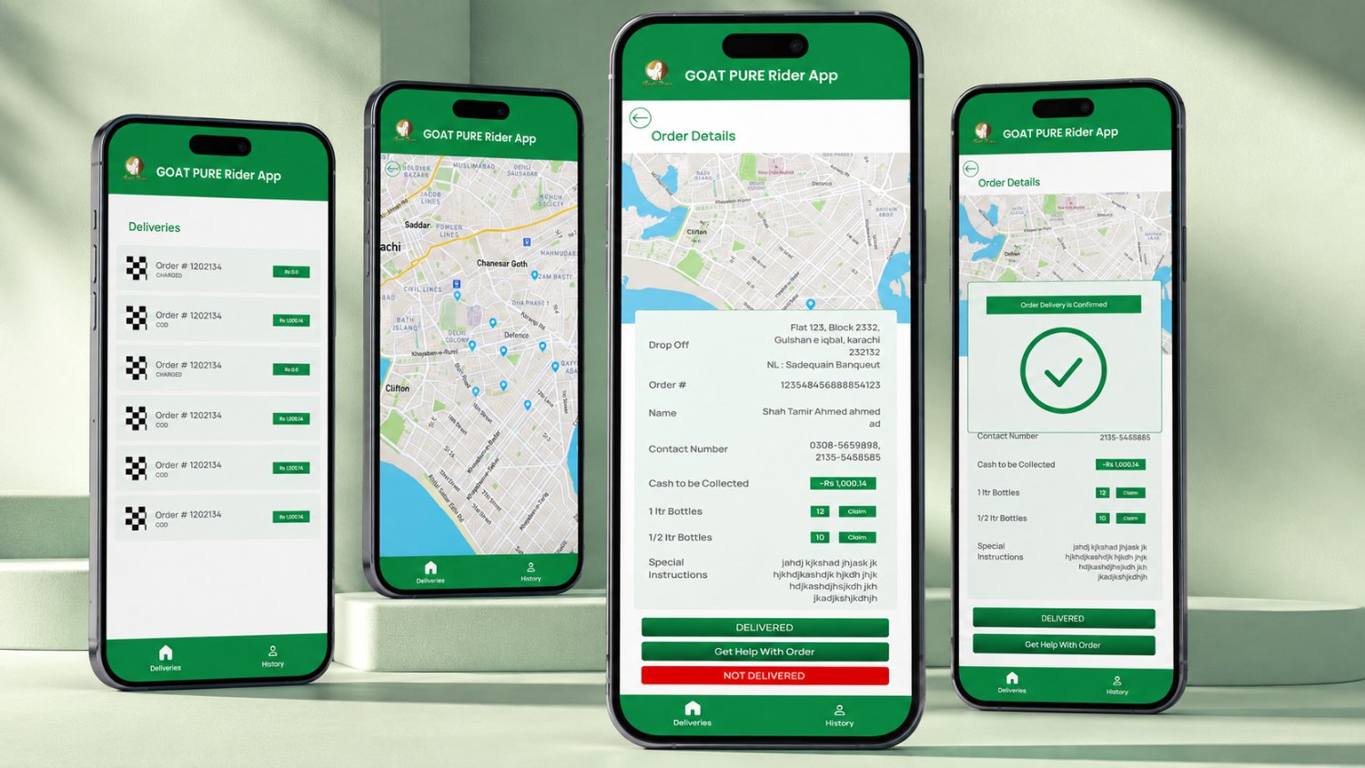 Four Goat Pure Rider App screens, the Deliveries queue listing orders with CHARGED and COD states, a map of drop-off pins across Karachi, the full order detail with cash to collect and bottle counts, and the Order Delivery is Confirmed state.