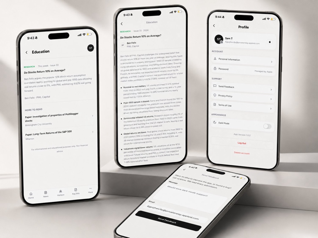The Education research list and article, the Profile screen with account and appearance settings, and the Send Feedback form.