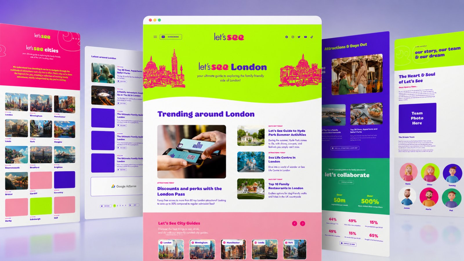 Five Let’s See pages on a violet gradient, the cities index, the latest around London feed, the London city guide, the attractions and days out page, and the our story and team page.