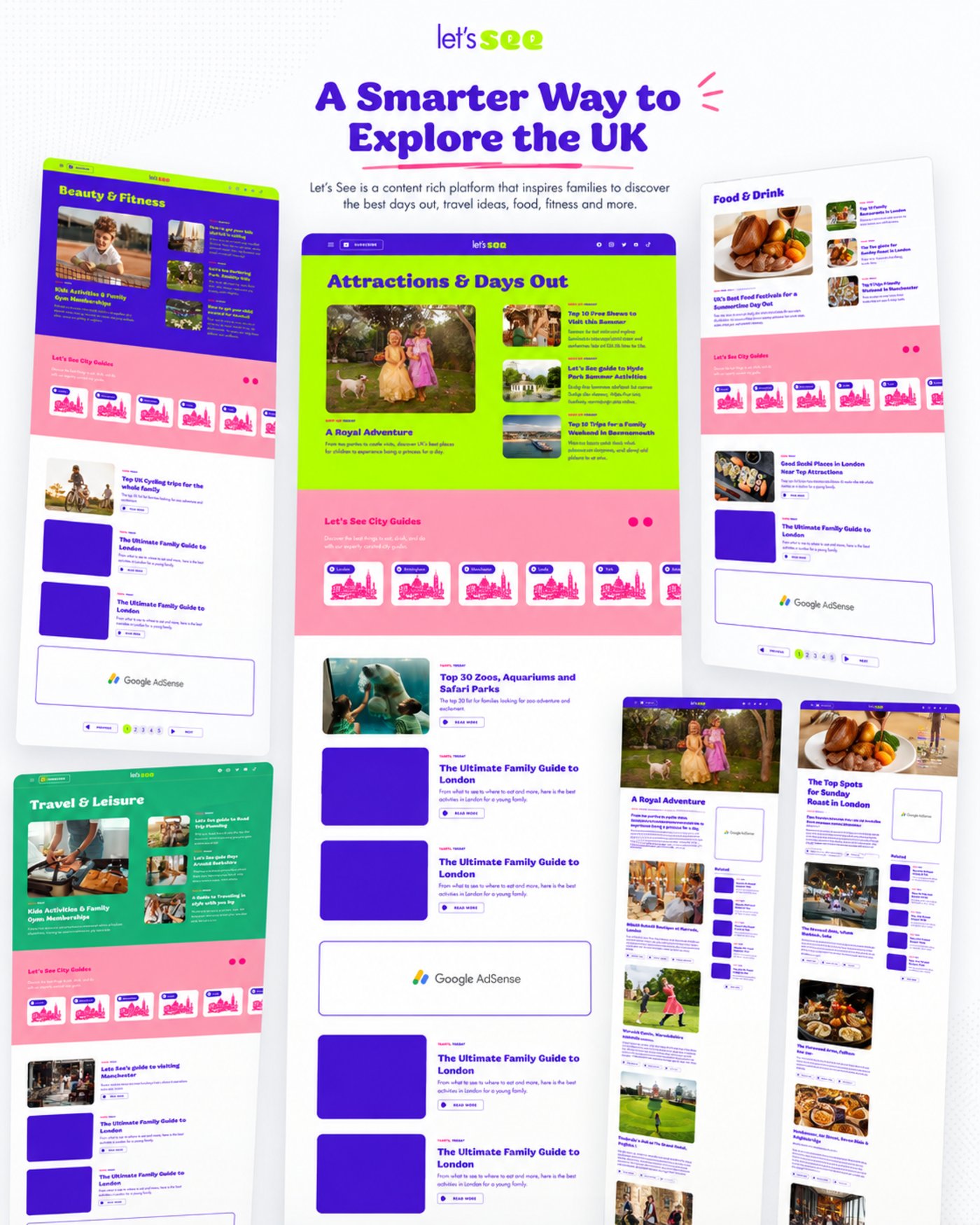A Smarter Way to Explore the UK, the Beauty & Fitness, Attractions & Days Out, Food & Drink and Travel & Leisure category pages shown with two article layouts, all carrying the Let’s See City Guides strip.