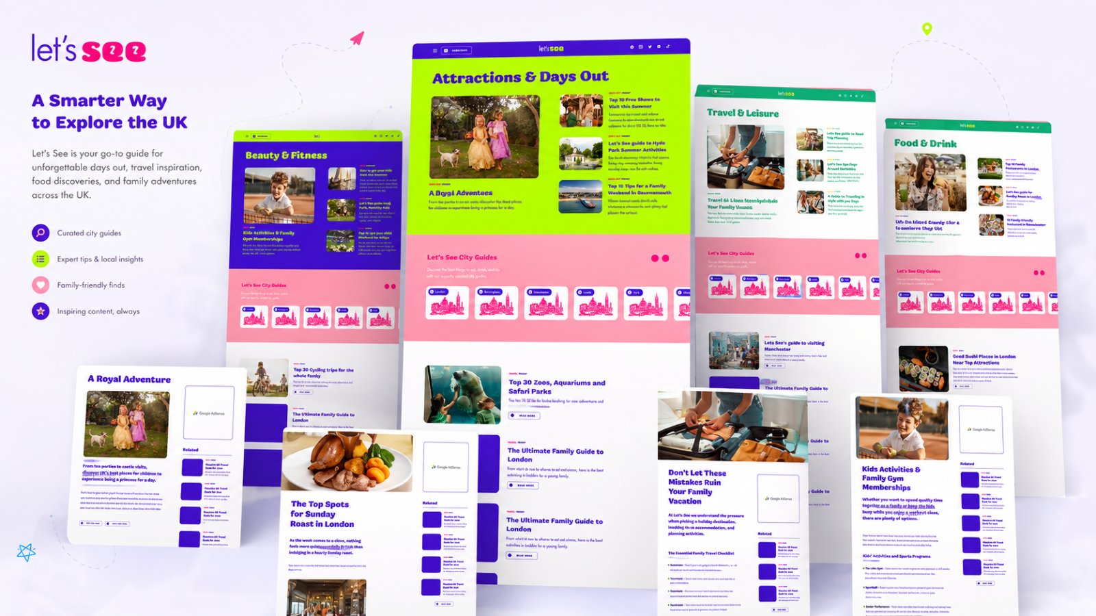 A Smarter Way to Explore the UK, the Attractions & Days Out page centred among the Beauty & Fitness, Travel & Leisure and Food & Drink category pages, with four article layouts below and the brand’s promise points listed at the left.