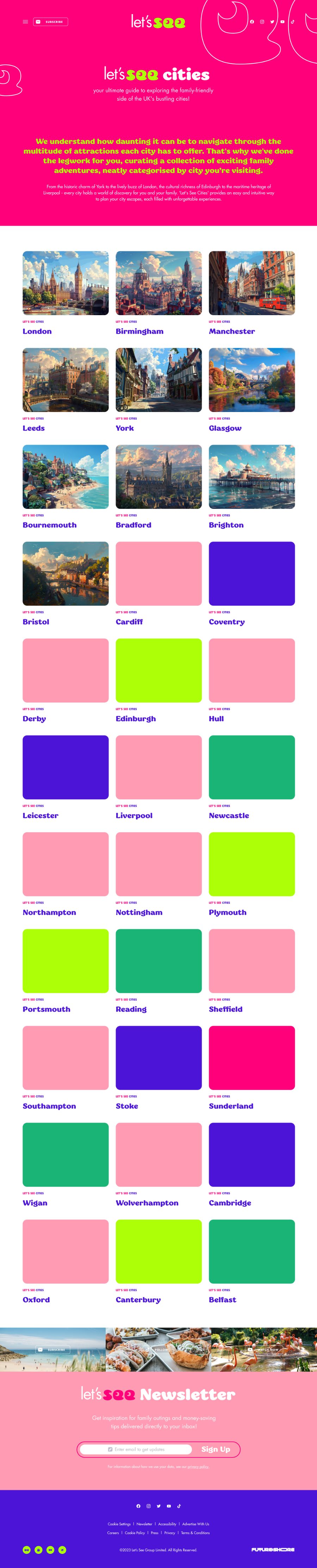 The Let’s See Cities page with its pink hero and a grid of city cards including London, Birmingham, Manchester, Leeds, York and Glasgow.