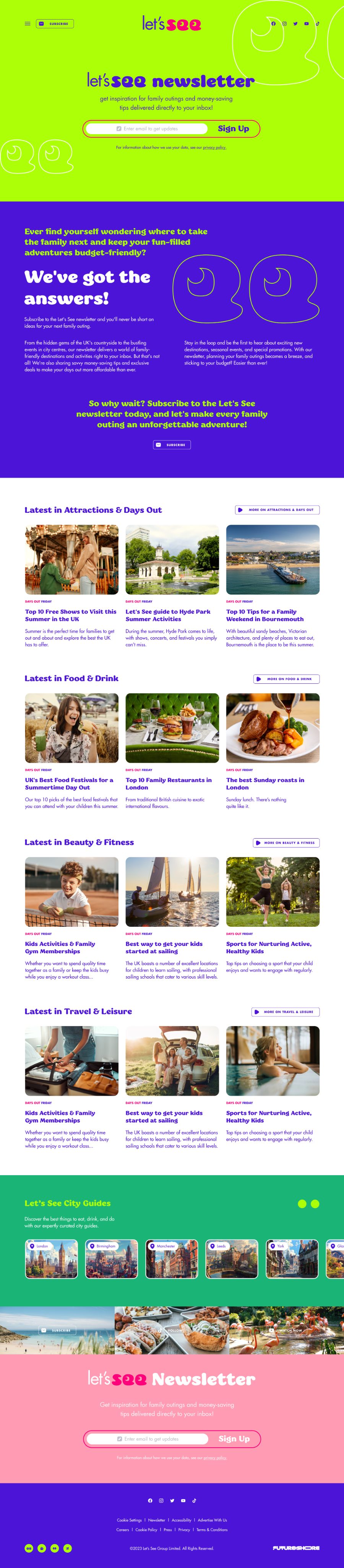 The Let’s See newsletter page with its lime signup hero, the We’ve got the answers panel, and the latest posts from each content category.
