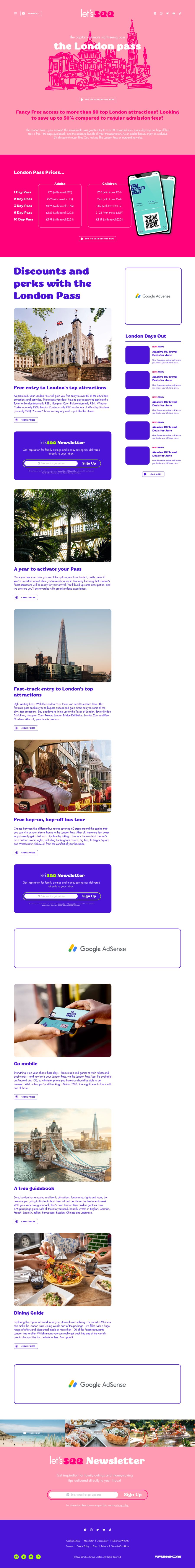 The London Pass article with its pink hero, a pricing table, and sections on attractions, fast-track entry, bus tours and dining, interleaved with newsletter and ad blocks.