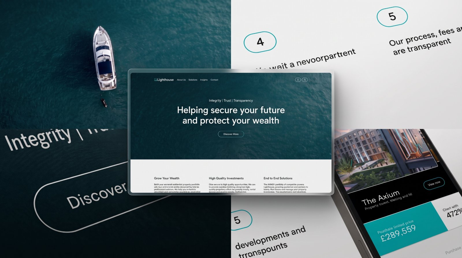 A layered composition of Lighthouse interface fragments, the teal hero over open water, numbered process steps, and a property listing on mobile showing The Axium.