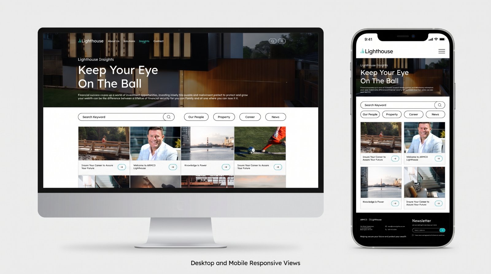 The Lighthouse Insights page shown side by side on desktop and mobile, with the Keep Your Eye On The Ball hero, keyword search, category filters, and article grid.