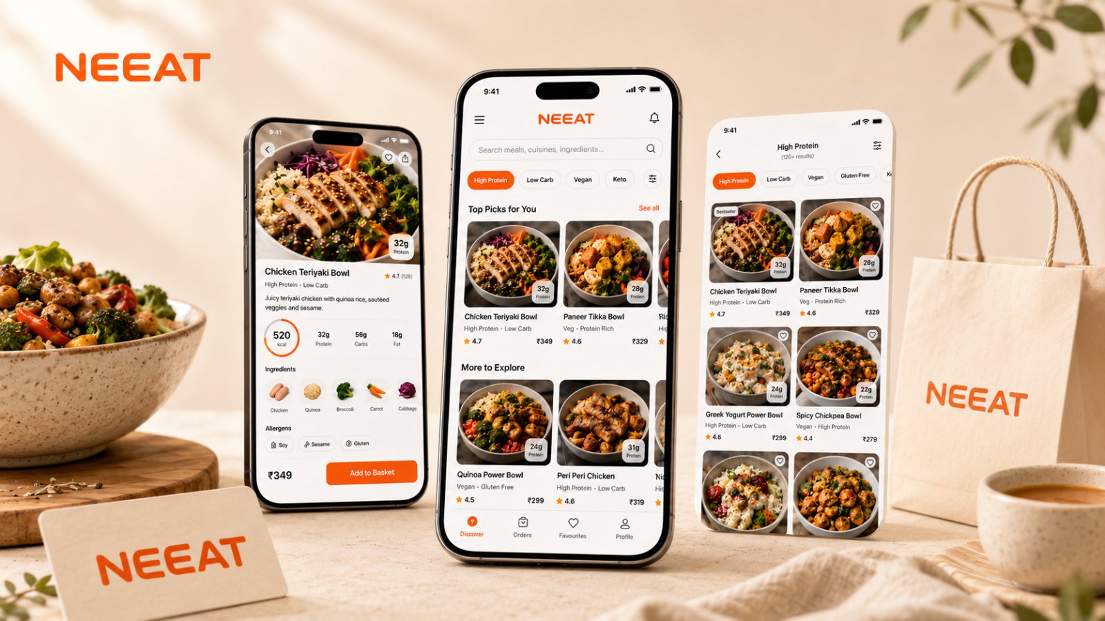 Three NEEAT checkout screens, Apply Credits with a voucher code and order summary, the Checkout screen showing delivery address, timing and payment methods with Place Order, and the Order Confirmed screen with estimated delivery and live tracking stages.