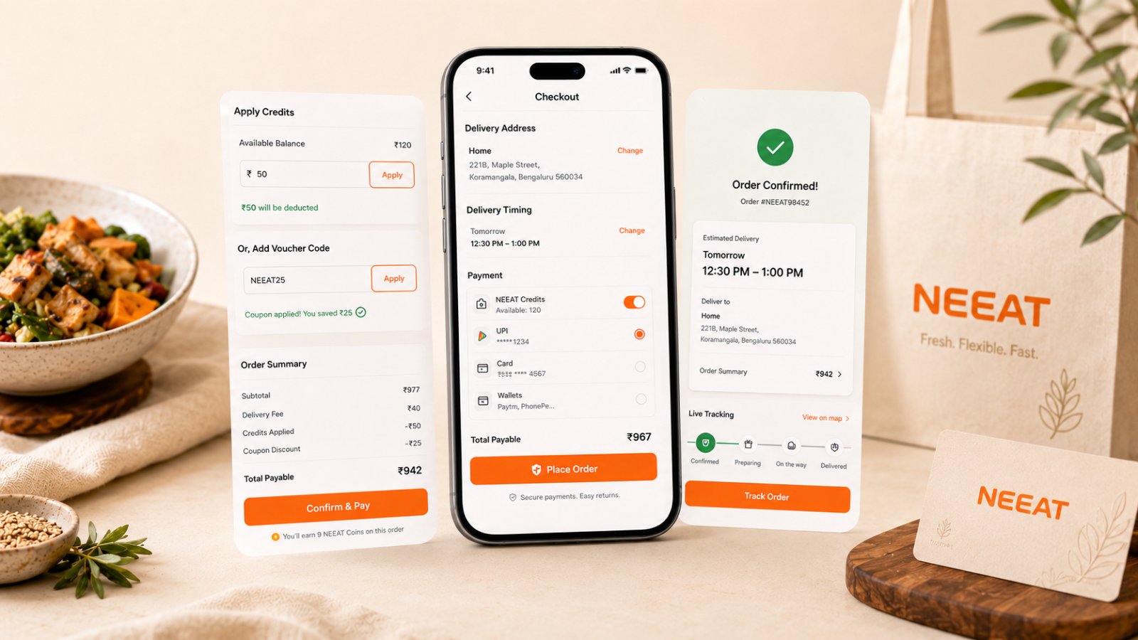 Three NEEAT post-order screens, Help & Support with quick help topics, Live Tracking showing the rider on a map with order status timestamps, and My Addresses listing Home, Work and other saved locations.