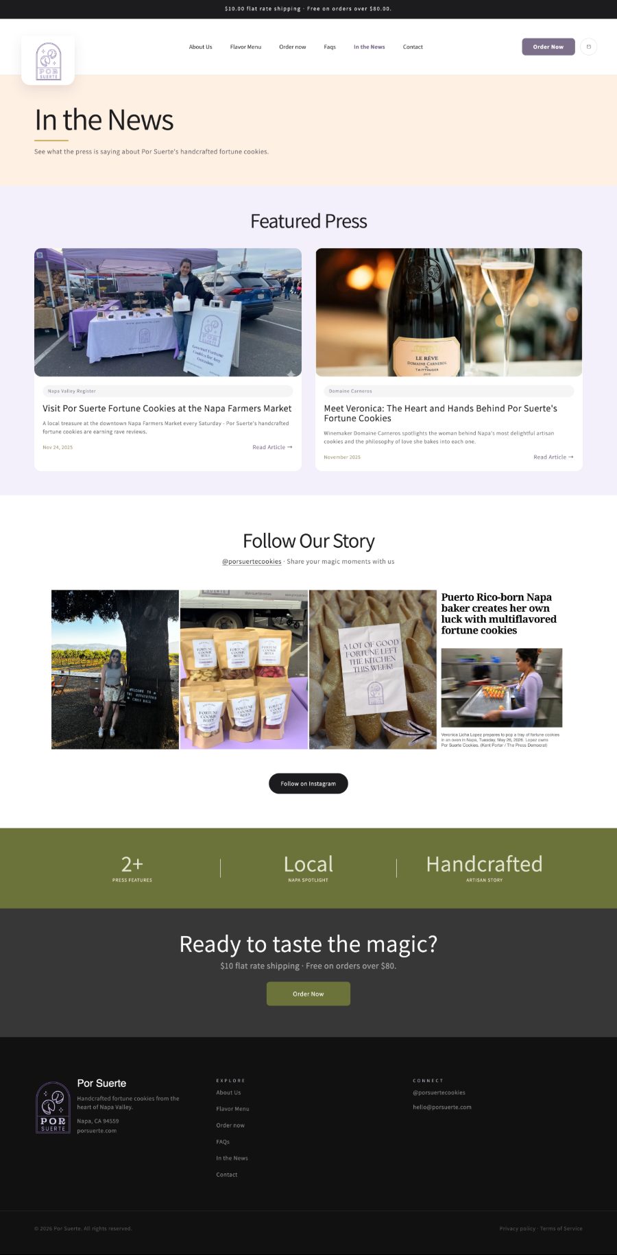 The Por Suerte In the News page — featured press cards from the Napa Valley Register and Domaine Carneros, the Instagram collage, and the credibility strip.
