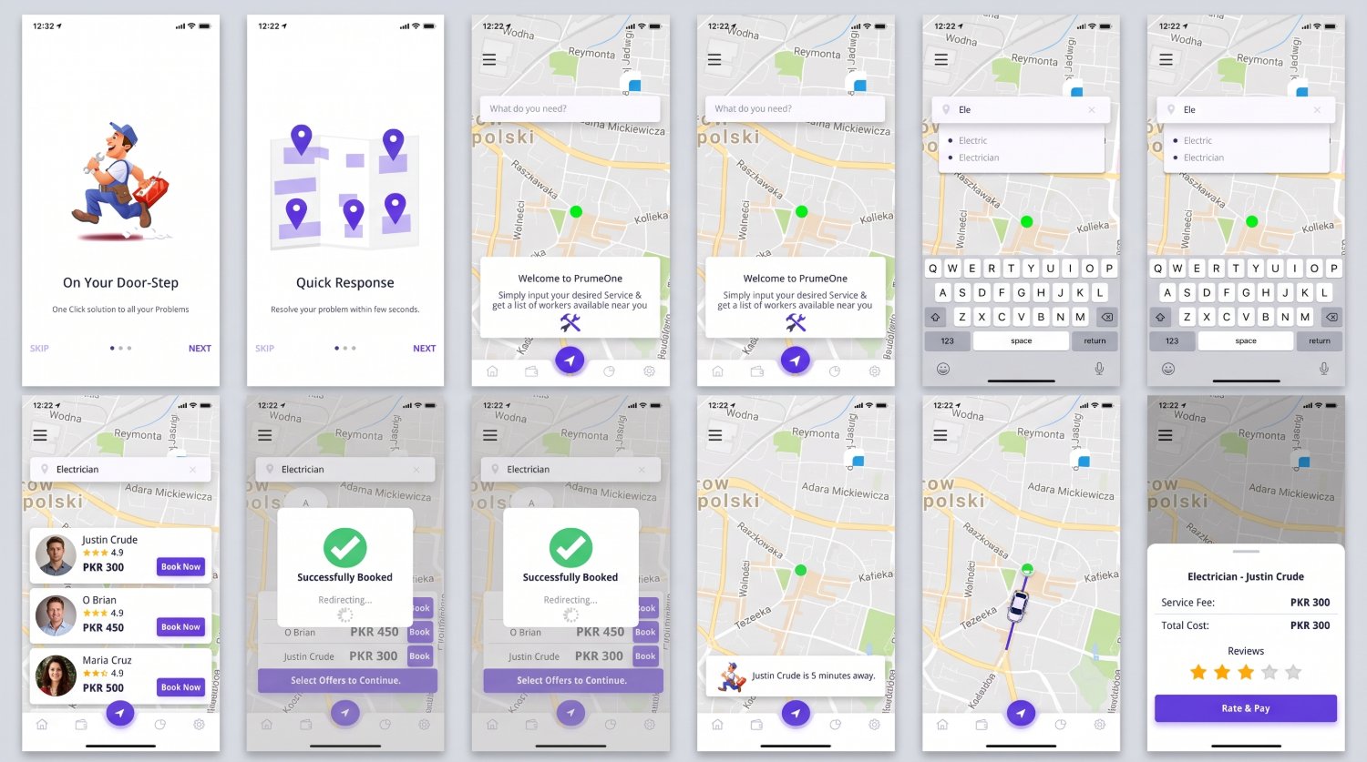 Twelve Prume One screens covering onboarding, map search, service autocomplete, provider list with ratings and prices, booking confirmation, live arrival tracking, and the rate-and-pay summary.