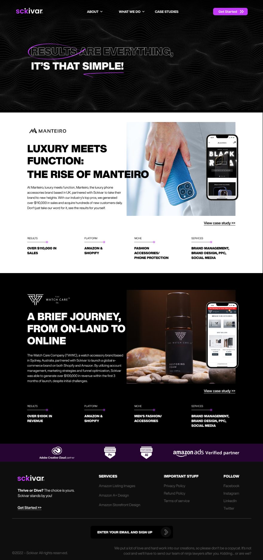 Sckivar case-studies index showing project summaries with results, platform, niche, and services.